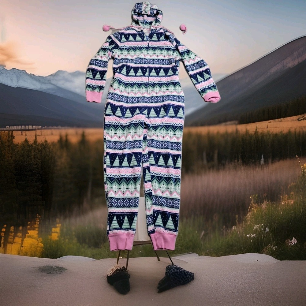💗Munki Munki Pajamas Womens Large One Piece Plush Hooded Fleece Full Zip Nordic